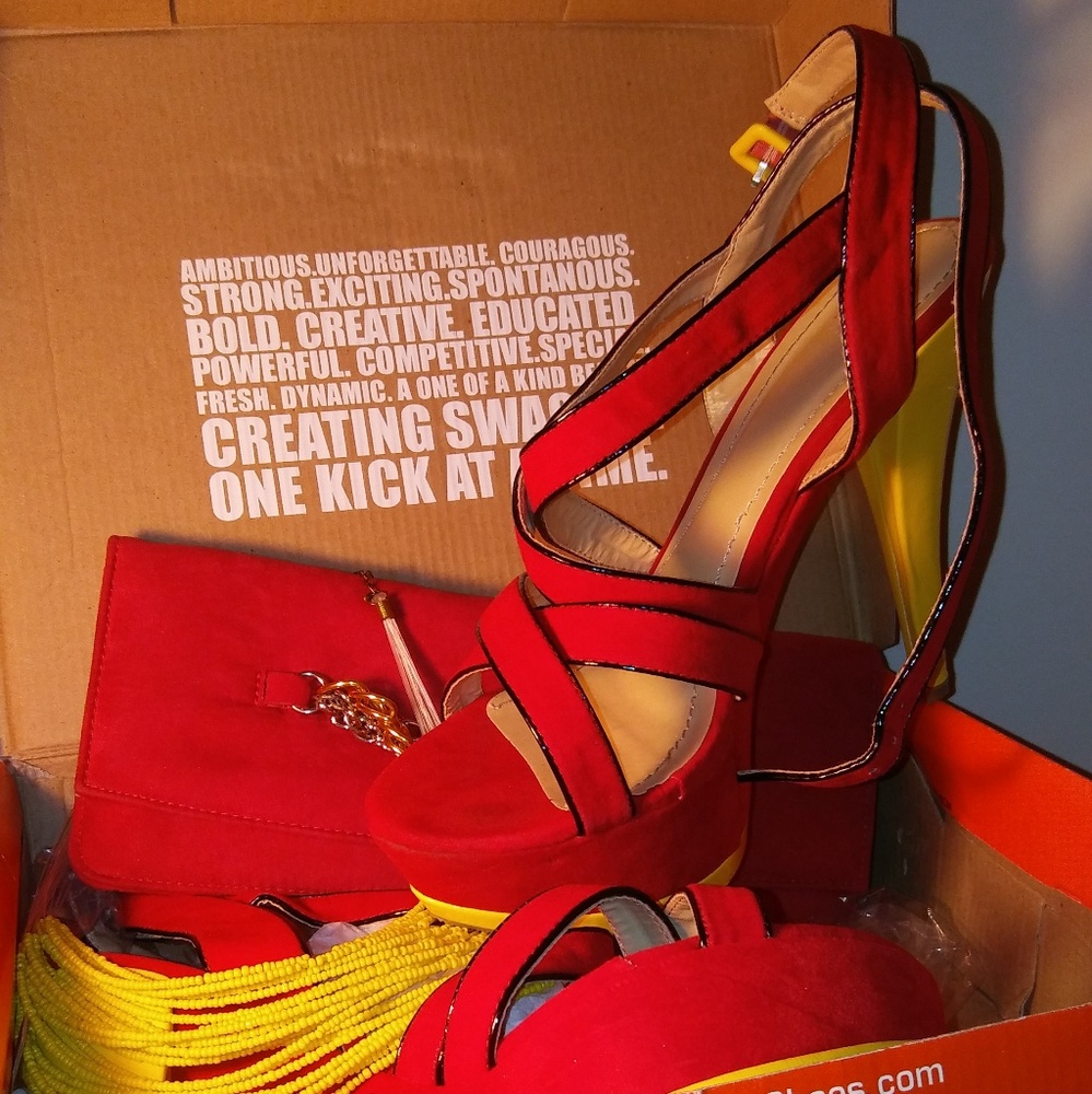 Red platform heels with purse to match